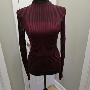 Commense Deep Burgundy Shear Ribbed Long Sleeve Top